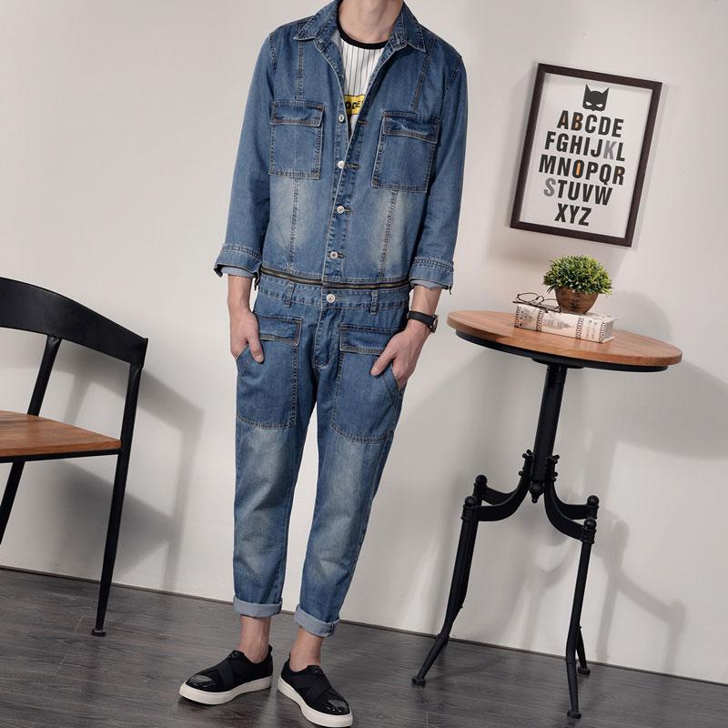 

Long-sleeved detachable denim jumpsuit men's denim jacket suits hip-hop men overalls men's jeans, Blue