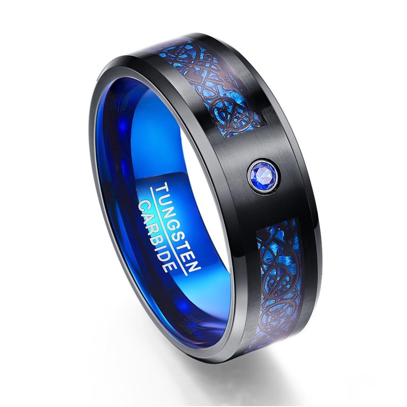 

Foreign Trade Carbon Fiber Scrub Blue Zircon Men Rings 100% Tungsten Carbide Anillos para hombres Black Dragon