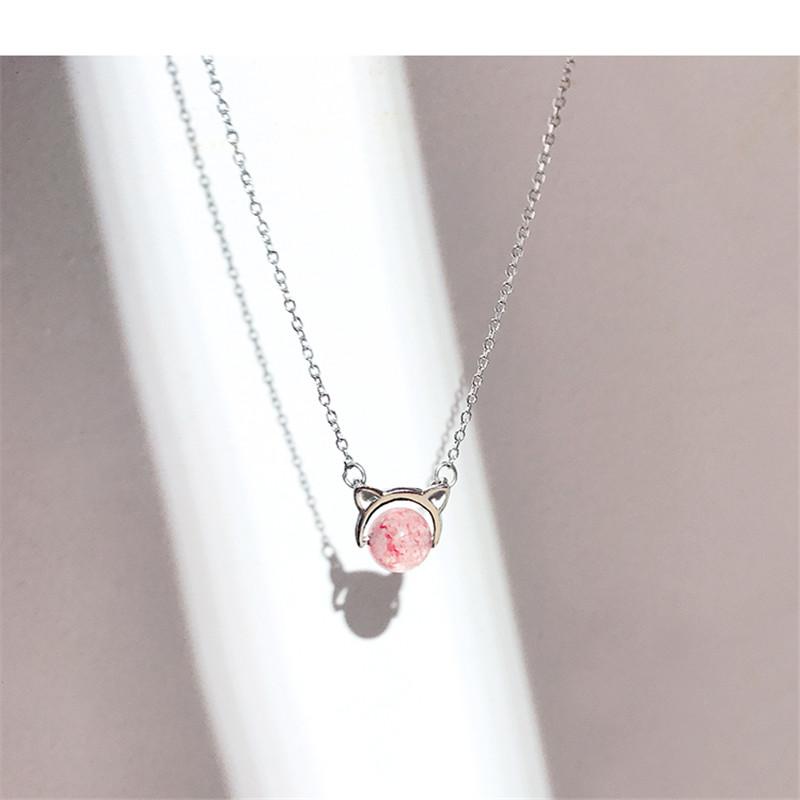 

New Cat Strawberry Crystal Necklace Female Korean Version Silver Plated Clavicle Chain Simple Cute Women Jewelry