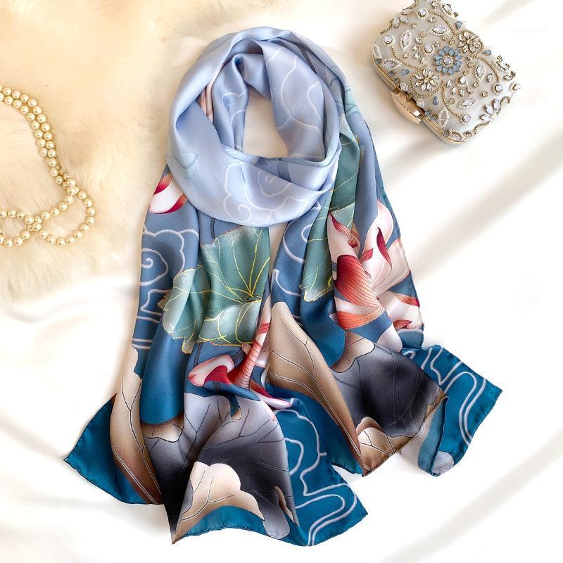 

Lotus Floral Print Women 100% Silk Scarf Shawl and Wrap Elegant Lady Office Stoles Foulard Hijab Summer Spring Scarves1