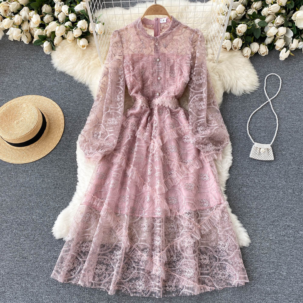 

New Autumn Solid Slim Chiffon Lady Casual Dresses Full A Line O Neck Pullover Mid-Calf High Waist Women 2022, Same as picture