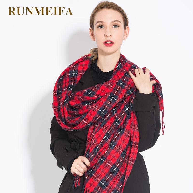 

RUNMEIFA] 2020 Brand new women sjaals autumn and winter lady fashion red plaid acrylic thick keep warm tassel shawl scarf