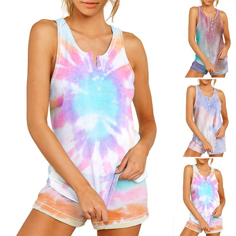 

Women Gradient Color Two-piece Outfit Sleeveless V Neck Front Button Top Shorts with Drawstring Set Casual Style Clothes, Green