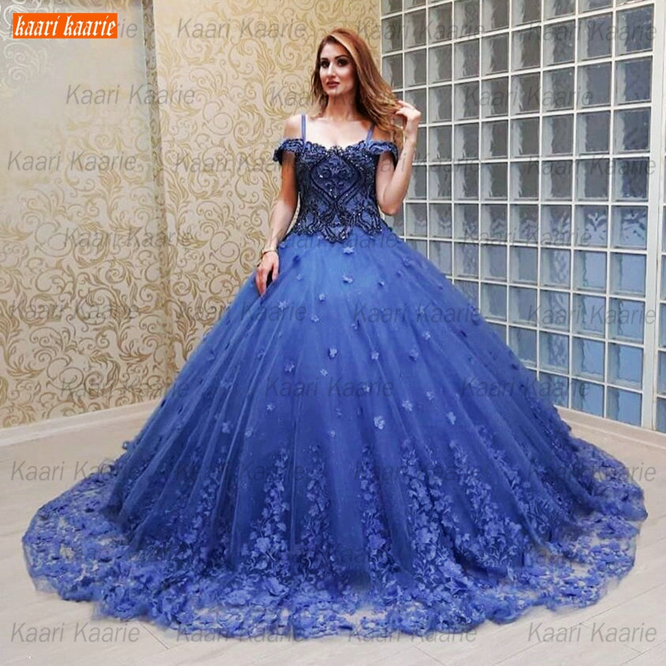 

Sexy Blue Prom Dresses Long Off Shoulder Lace Appliqu 3D Flowers Ball Gown Women Dress Party Custom Made 2020 Vestidos De Fiesta, Champagne