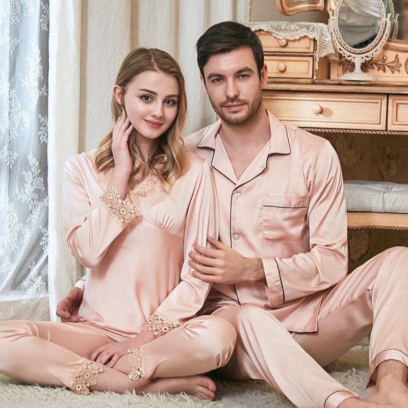 

FZSLCYIYI Couples Pajamas Suit V-neck Long Sleeve Long pants Lace Trim Design Suit Home Clothes Men Women Satin Pajamas1, Women sets 1