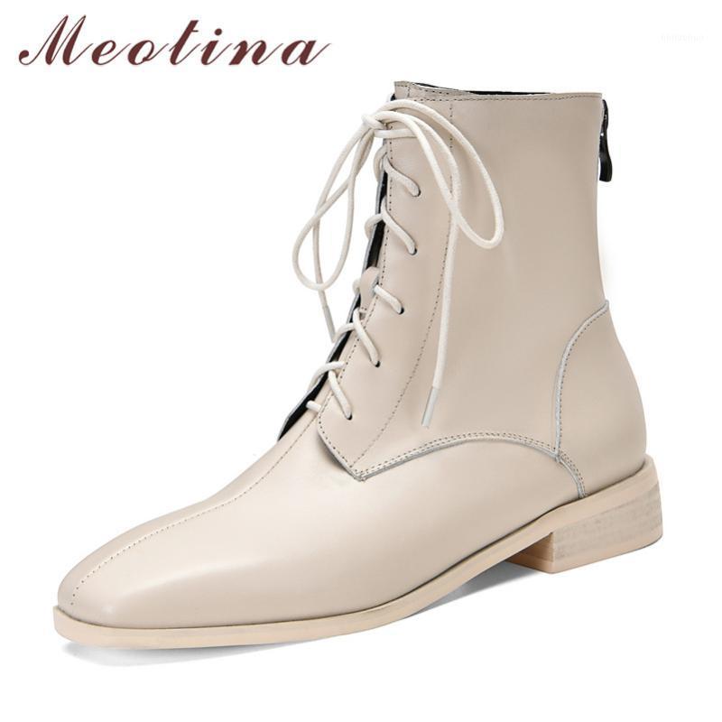 

Meotina Women Short Boots Shoes Genuine Leather Mid Heel Boots Ladies Square Toe Zip Cross Tied Thick Heels Ankle Beige 401, Black synthetic lin