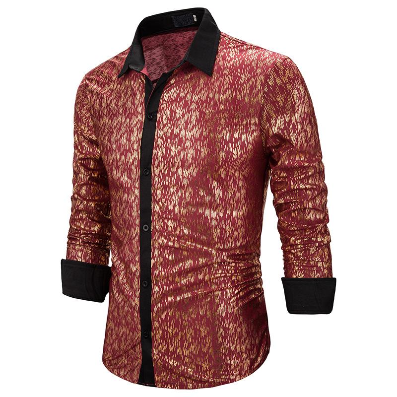 

Shiny Red Bronzing Print Shirt Men 2020 Autumn New Slim Fit Casual Shirt Mens Party Nightclub Prom Dress Shirts Camisa Hombre, Gold