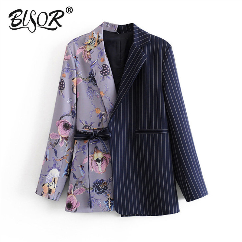 Vintage Stylish Striped Patchwork Office Lady Blazers Coat Women Notched Collar Long Sleeve Chic blazer Outerwear feminino 201114Z