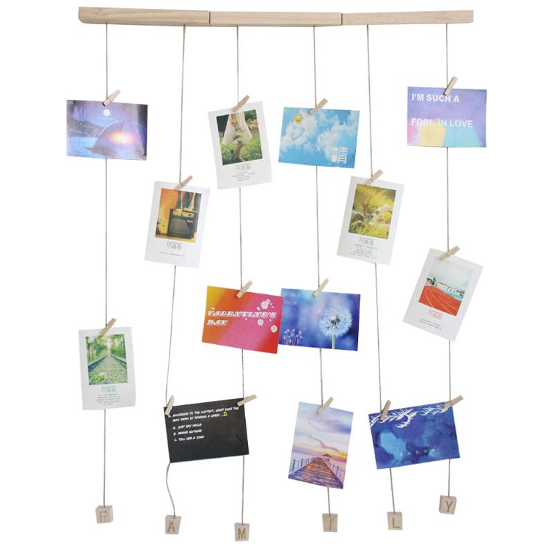 

Home Picture Frame Kit Display Wall Hanging Pendant Bedroom DIY Artwork Backdrop Wooden Decorative Holder Organizer With 25 Clip