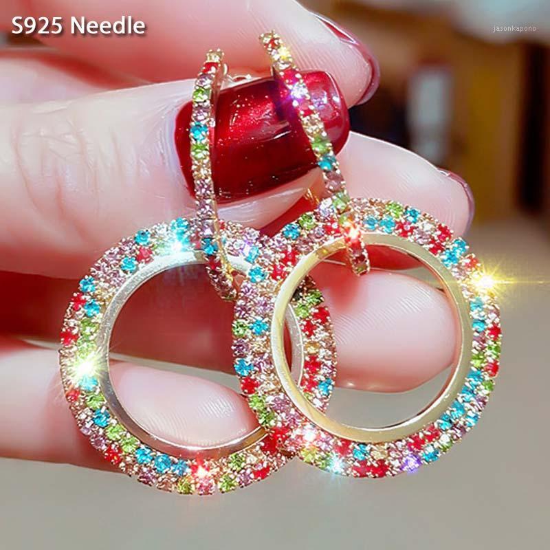 

925 Sterling Silver Needle Hoop Earrings for Women Jewelry Muticolor Micro Paved Rhinestone Large Round Rhombus Earrings1