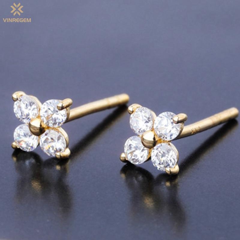 

Stud Vinregem 100% 925 Sterling Silver Flowers Created Moissanite Simple 10K Yellow Gold Ear Studs Earrings For Women Fine Jewelry, Golden;silver