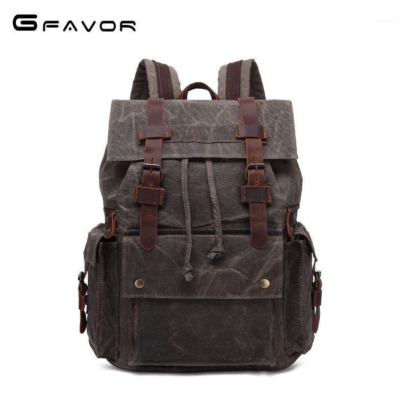 

Yuandian men's bag crazy horse skin backpack oil wax Canvas Backpack outdoor travel computer1, Brown