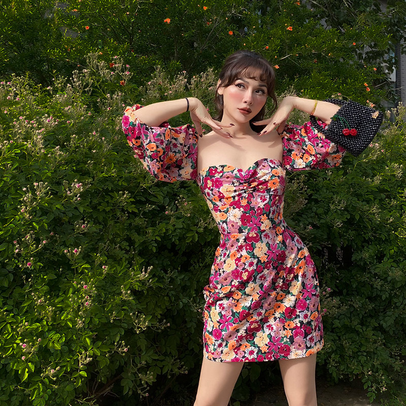 

2021 Summer New French Style of Vintage Romantic Small Floral Pink Satin Feminine Up Mini Knee Half Dressed U6MI, Clear