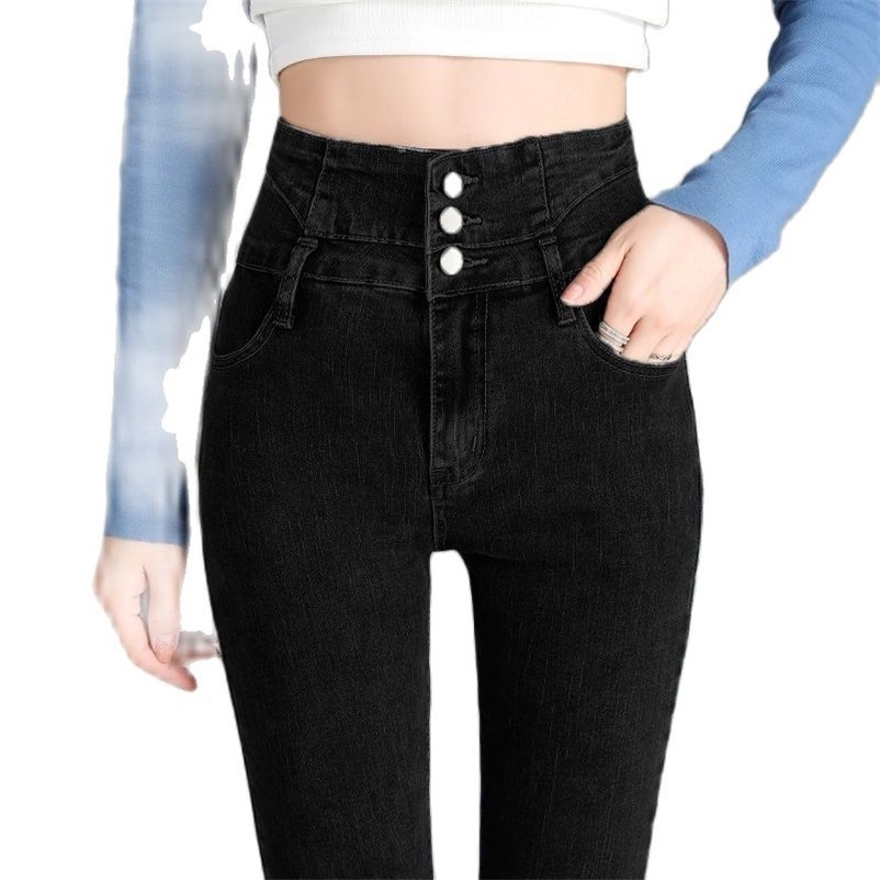 

Black Mom Jeans High Waist Pants Ladies Korean Fashion Slim Push Up Elasticity Skinny Pencil Spring Denim Trousers Women 220315, Black no velvet