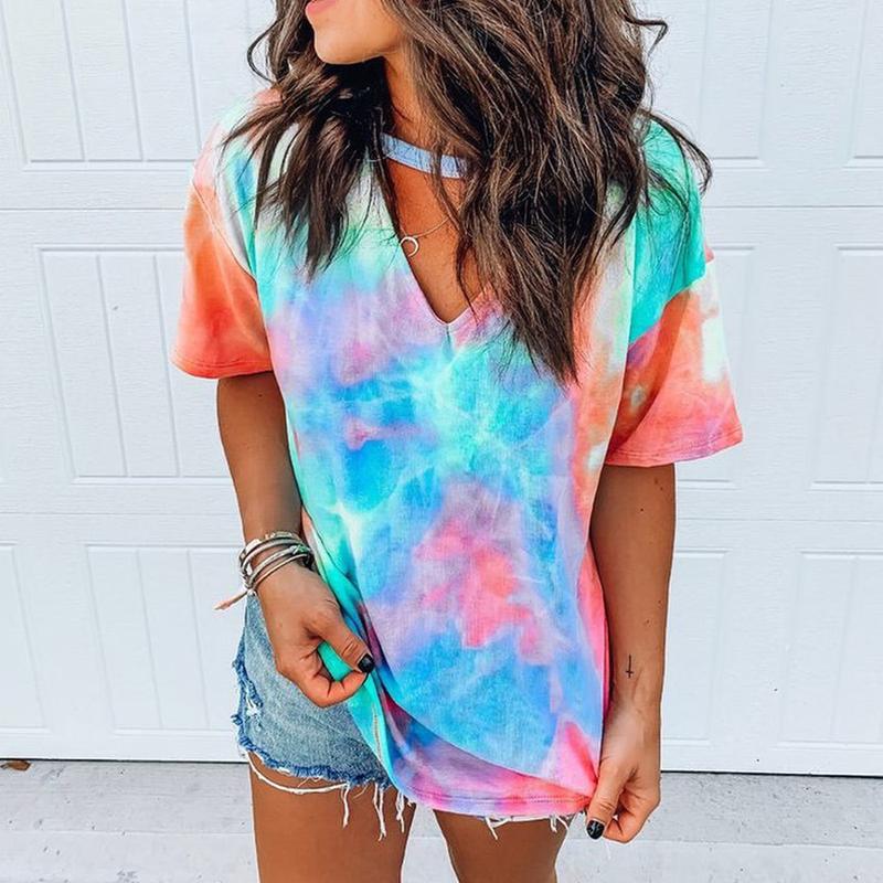 

Sexy Women Tie Dye Print Short T Shirt New Summer Short Sleeve Tshirt Harajuku Camiseta Mujer Running Tee Shirt Femme Streetwear