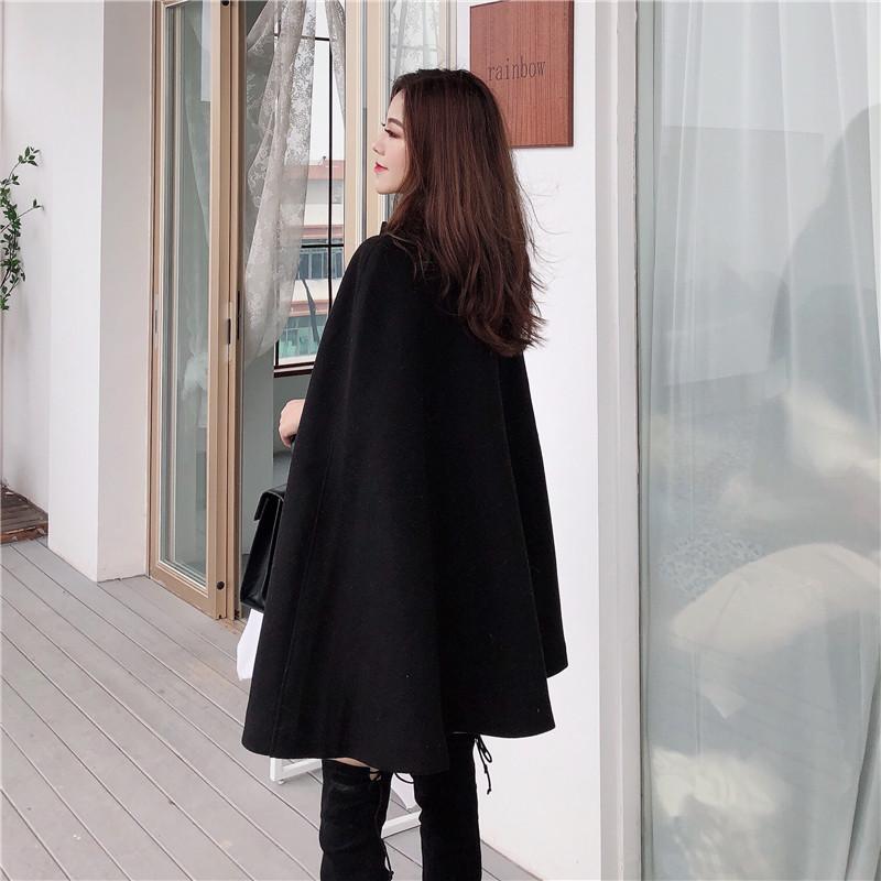 

Women Winter Tops Korean New Style Solid Color Loose Cape Coats Woman Khaki Black Elegant Collect Waist Woolen Medium Long Coat