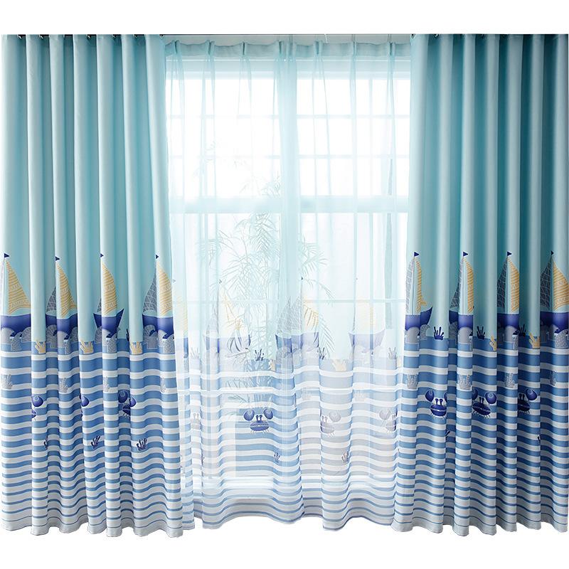 

New Modern Curtains for Living Dining Room Bedroom Simple Cartoon Children's Room Bedroom Curtain Finished Product Customization, Blue tulle