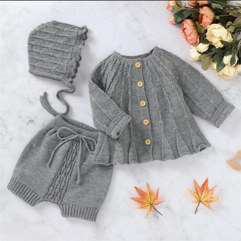 

Baby Girls Clothes Autumn Winter Knitted Baby Clothes Newborn Clothing Set Boy Outfits Toddler Cardigan Pants Hats 3 pcs, Beige