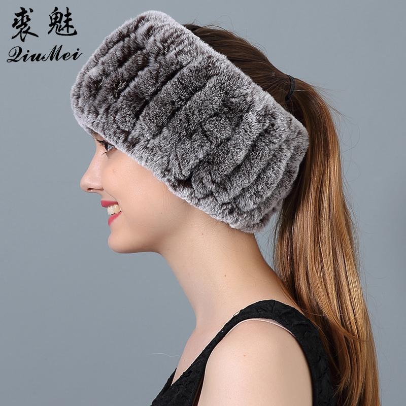 

QiuMei Winter Women's Fur Hats Real Rex Striped Genuine Fur Hair Band Casual Russian Natural Hat Caps Female, Black