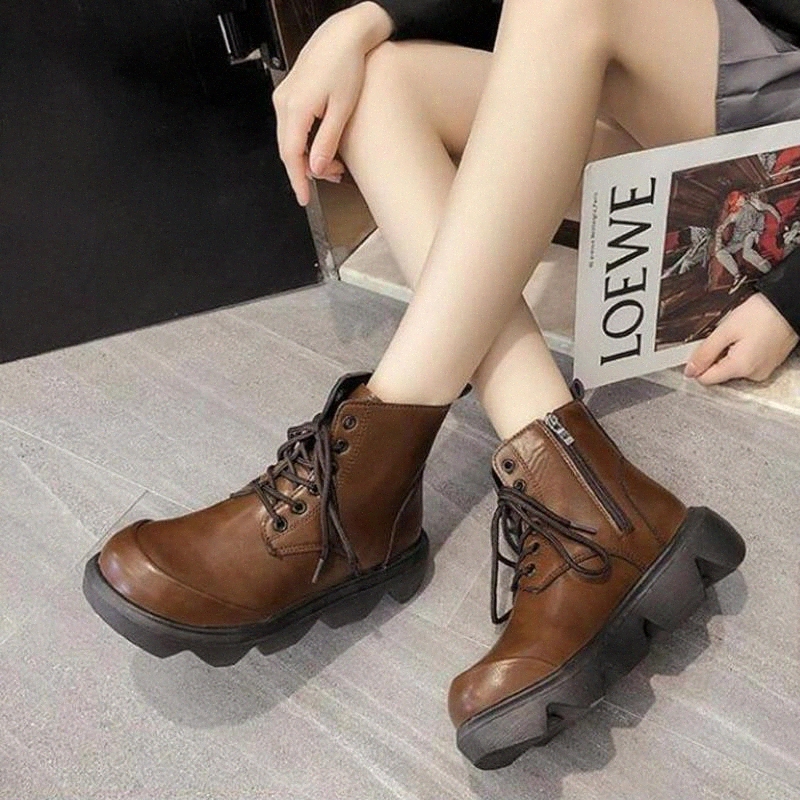 

Black Platform Shoes Botines Mujer 2020 Fashion Winter Lace Up Motorcycle Leather Ankle Boots Women Flats Chaussure Femme #Jt9l