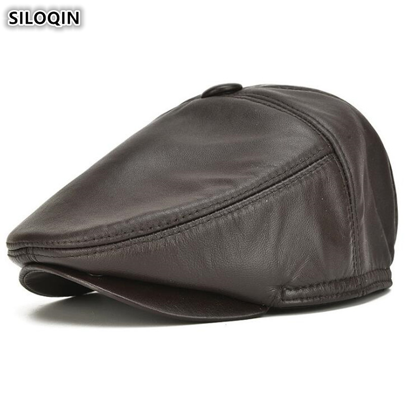 

SILOQIN Snapback Cap Autumn Winter Men's Genuine Leather Caps Thick Warm Berets Sheepskin Leather Brands Hat Dad's Hats, Black