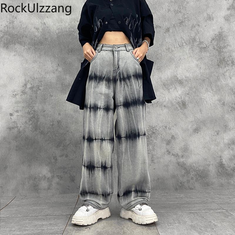 

Japanese Streetwear Men Fashion Tie Dye Graffiti Contrast Print Denim Loose Straight Pant Jeans Hip Hop Punk Korean Clothing New, Light grey