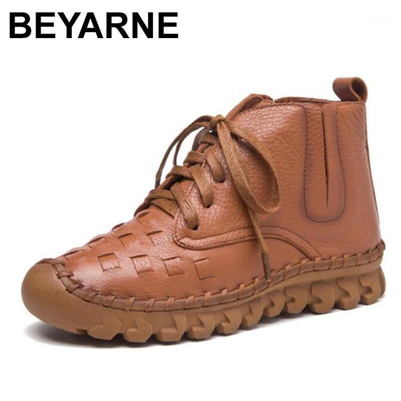 

BEYARNE fashion Genuine Leather Woven Snow Boots Women Top Quality Flat Shoes women winter Warm Fur shoes1, Brown