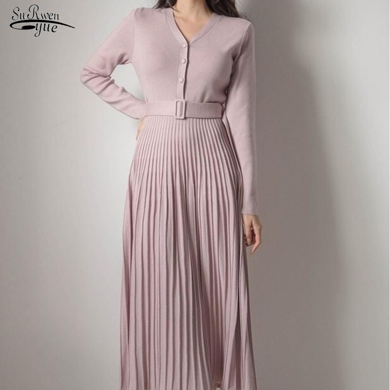 

Casual Dresses V-neck Buttons Sweater Dress Long Spring 2022 Winter Knitted Belted Female A-line Soft Women Elegant Vestidos 18585, Black;gray