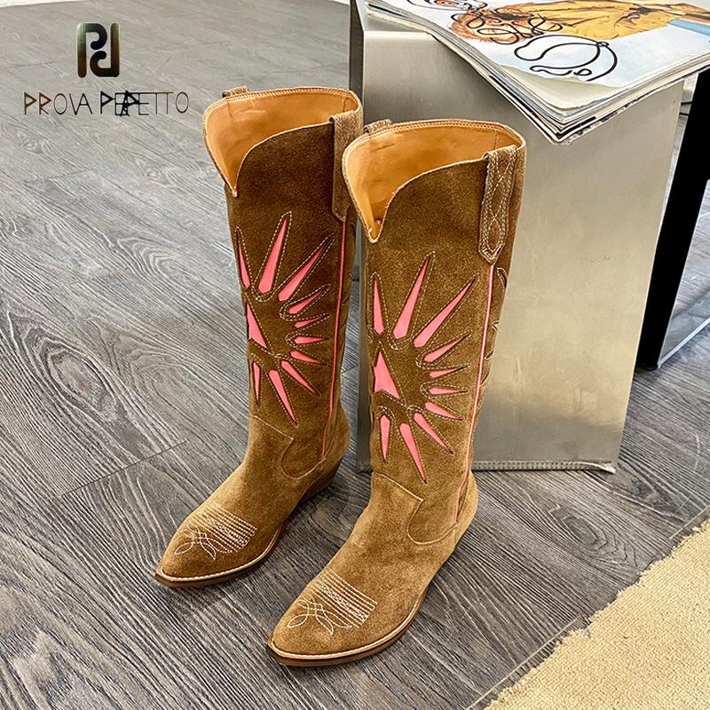 

Autumn / Winter New Suede Embroidered Boots Women's Knee-length High Barrel Thick Heel Leather Retro Western Knight Cowboy Boots, As pic