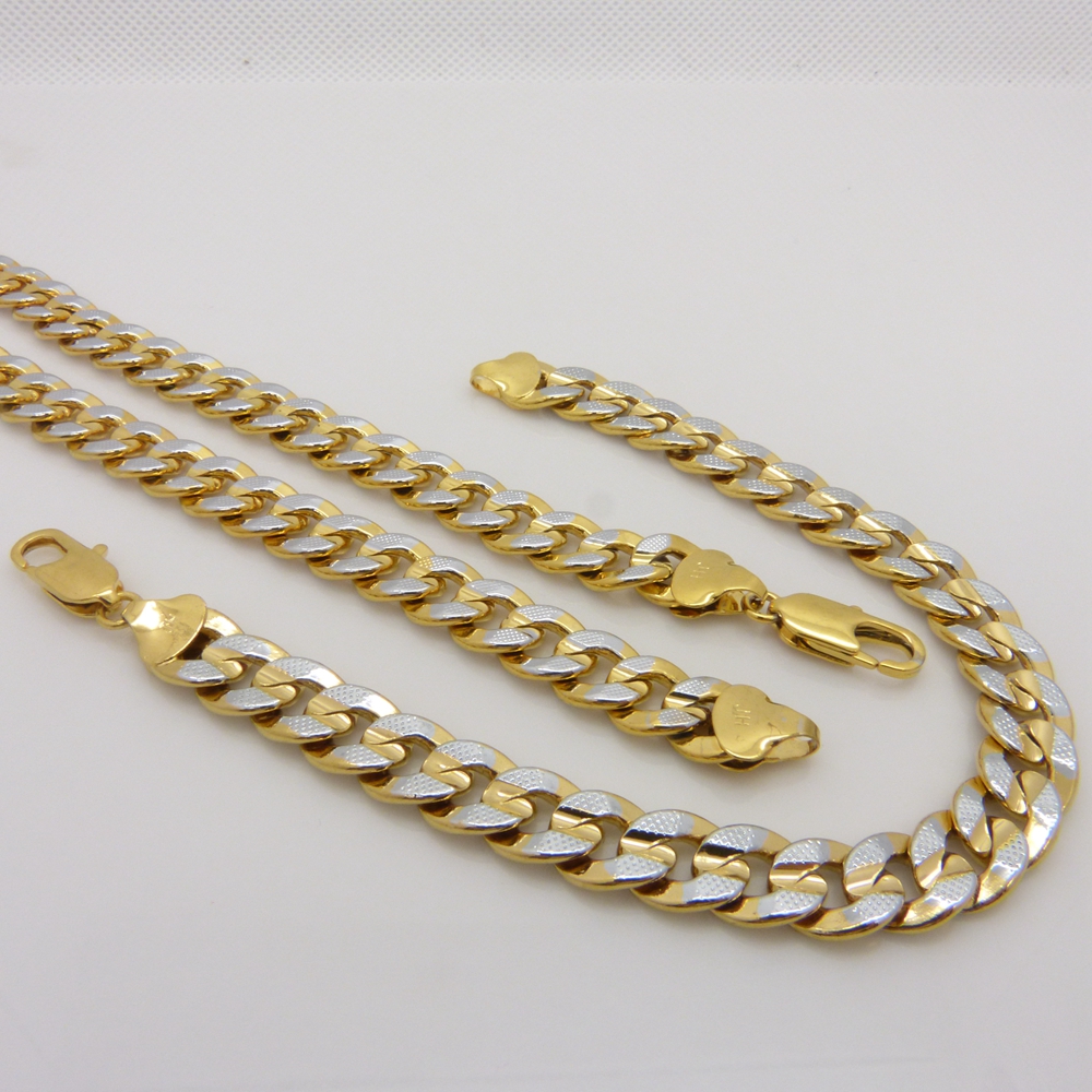 2-Tone Classic Curb Jewelry Set 18k Gold Filled Mens Necklace+Bracelet Chain Set-image-603946471