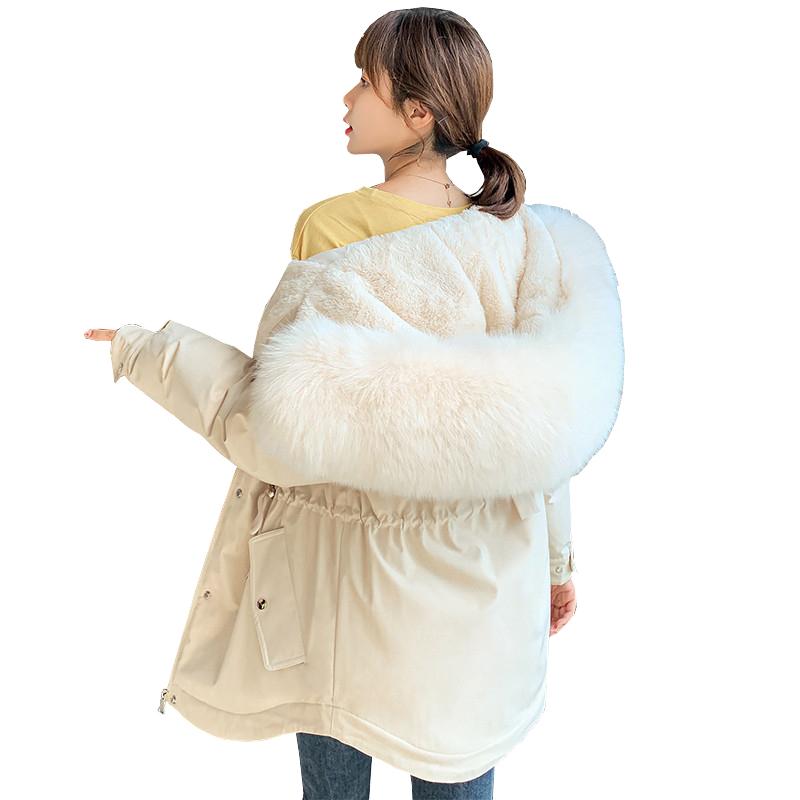 

Winter short parker plus velvet slim down cotton padded jacket 2021 long sleeve solid zipper warm hooded fur collar female W66, Black