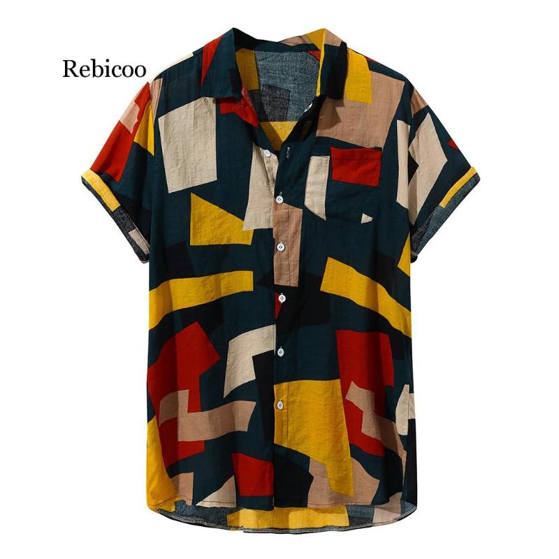 

2020 New Stylish Hot Sale Mens Vintage Ethnic Printed Turn Down Collar Short Sleeve Loose Shirt, Blue