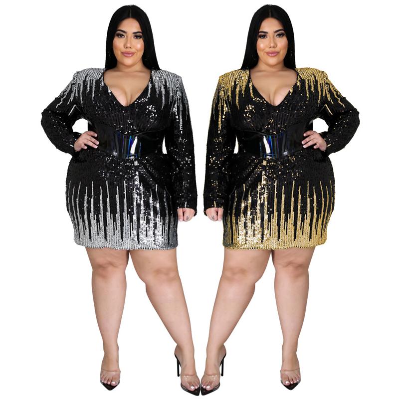 

Party Mini Dress with Belt Women Plus Size Clothing Club High Waist Vintage Dresses Birthday Sequin Dress Wholesale Dropshipping, Gold