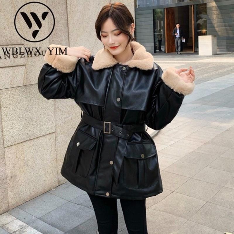 

Winter Leather Jacket Women High Quality Fur collar Warm Lined PU Leather Jacket Female Single Breasted Motorcycle Thick Outwear, Black
