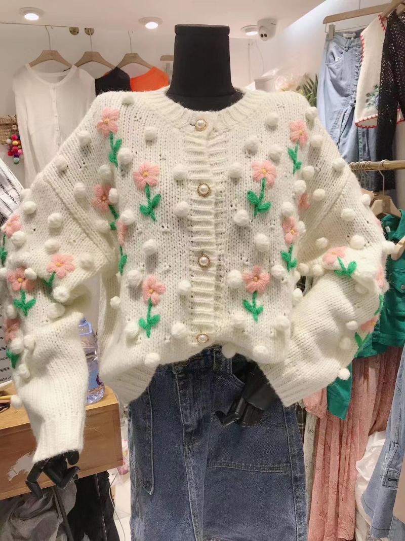 

SuperAen Autumn Winter Hand-embroidered Wool Ball Retro Sweet Thick Cardigan Sweaters for Women, Pink
