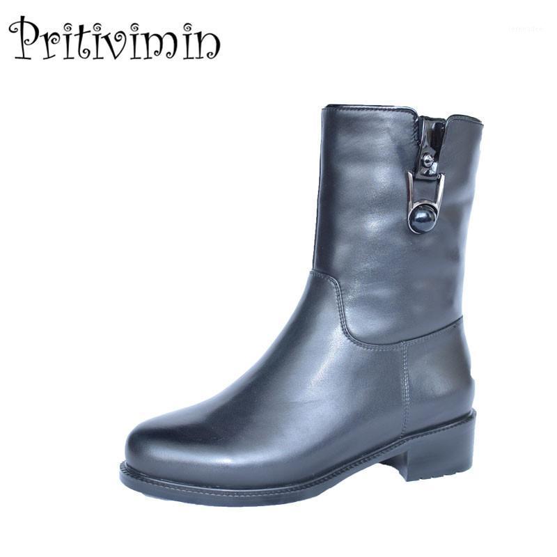 

2020 Fashion women warm winter shoes girls heel fur lining short boots Ladies cow patent leather handmade footwear PritiviminFN41, Black