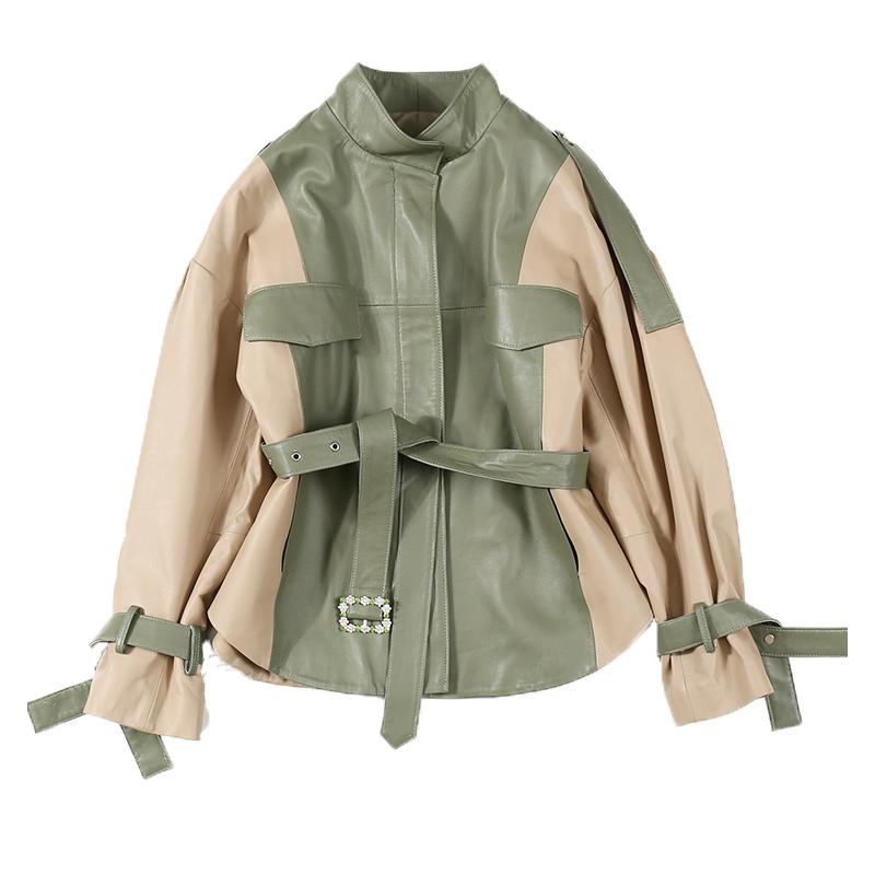 

Autumn 2020 New Genuine Leather jacket, sheepskin skinny jacket, waistband, locomotive leather jacket, Green