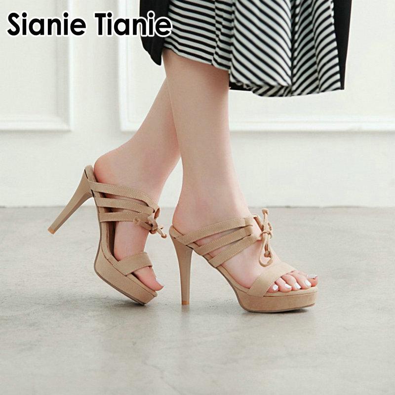 

Sianie Tianie new flock faux suede peep toe platform slippers slides mules thin high heels pumps woman sandals zapatos de mujer, Beige