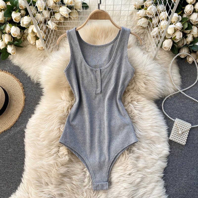 

2021 New Random solid fitness button women's regular overalls fashion streetwear outfits style 0F5C, Gray.
