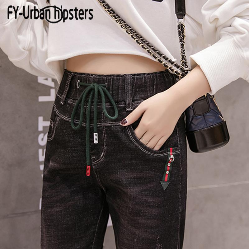 

womens elastic waist jeans lace up pants woman high waist denim pencil jeans ripped Thick winter plus size velvet stretch, Blue-ohp-7810