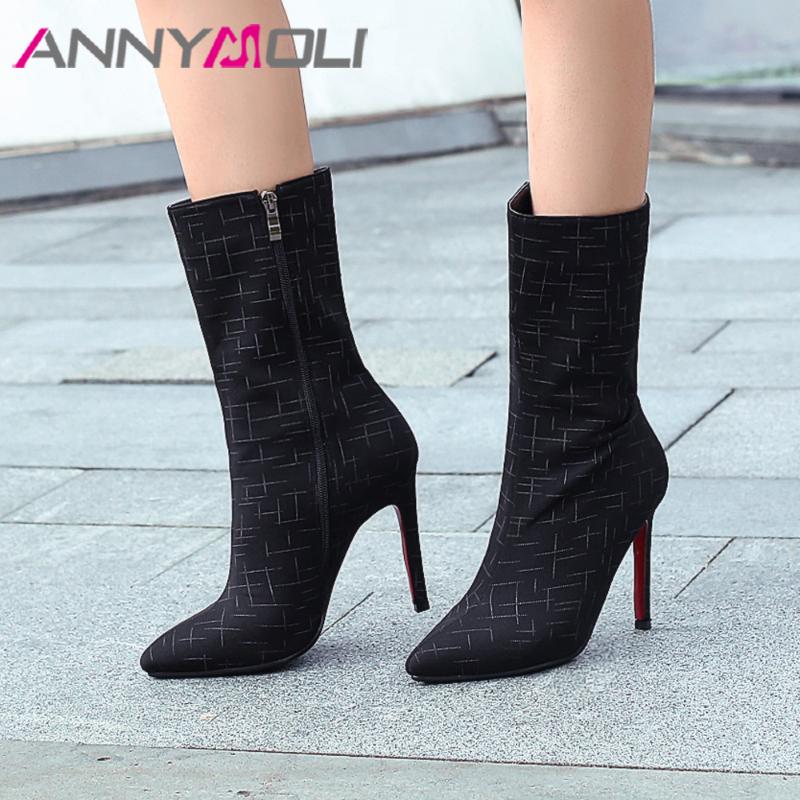 

Annymoli Women 2020 High Heel Boots Pointed Toe Zipper Stiletto High Heels Mid Calf Boots Brand Designer Shoes Winter Shoes, Black