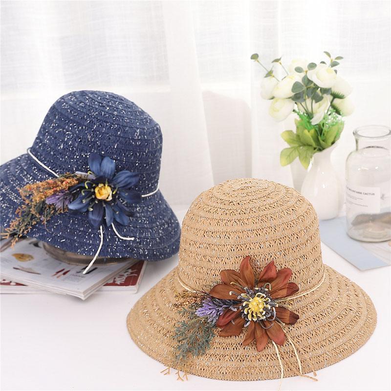 

Women Sun Protective Strawhat Artificial Flower Decor Breathable Bucket Hat Gorras Para Hombre Casquette Homme, White