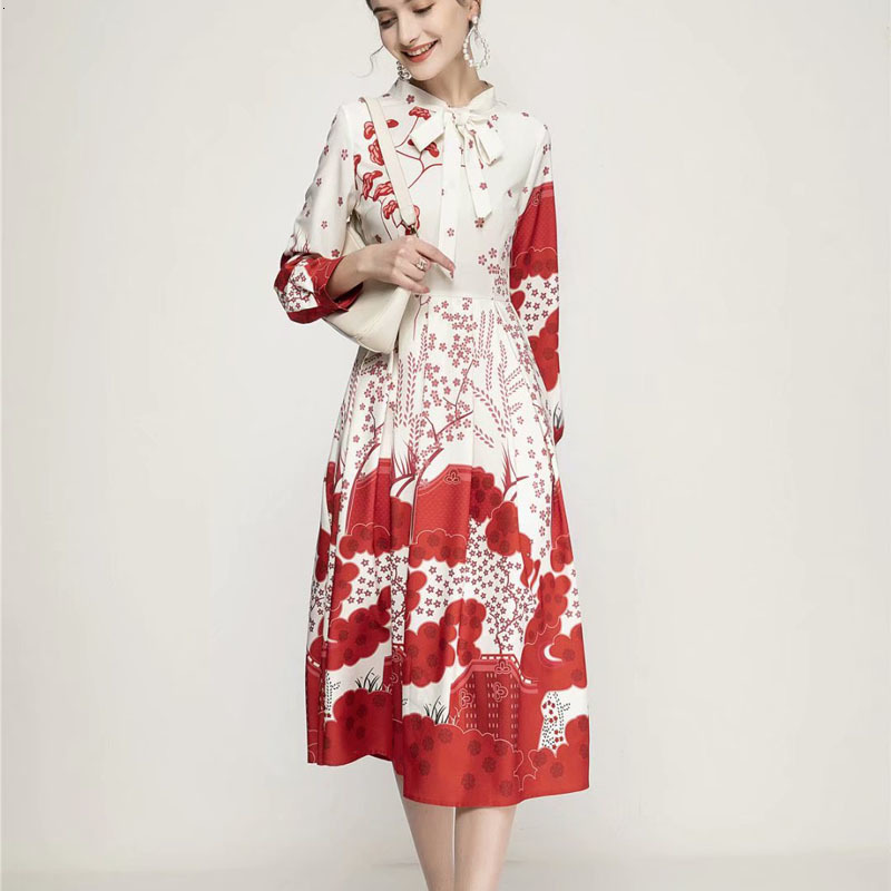 

Spring New Style Printing Bow Flower Knot Long Sleeves Mid Length Plied Large Sheath Dress High Quality Women's Clothes 7aec, Multiple
