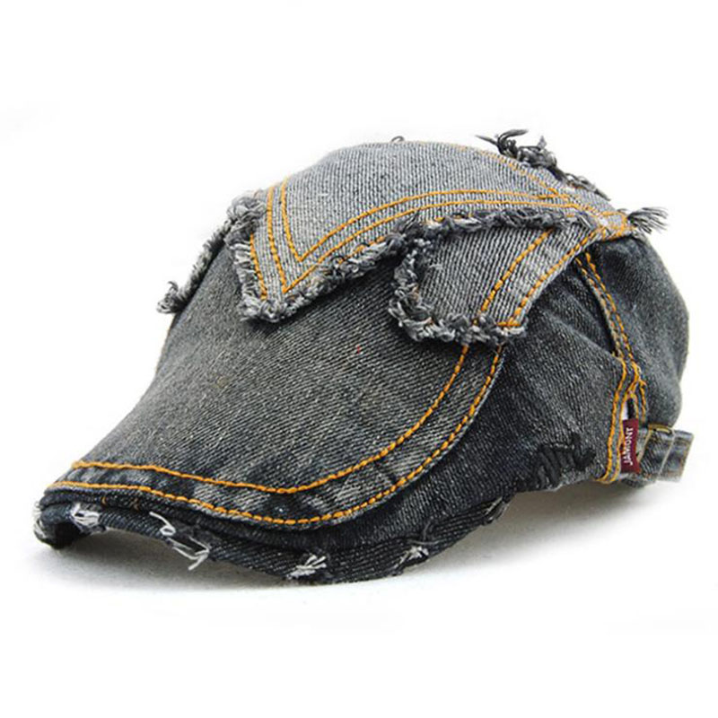 

JAMONT Cowboy Cap Unisex Summer Vintage Denim Hat Berets Embroidery Hat For Womens Mens Fitted Driving Beret Buckle Flat Caps, As shown