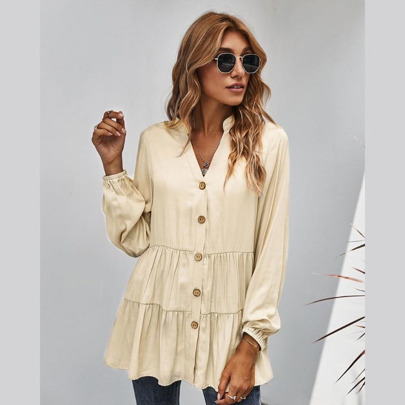 

Women Autumn Puff Long Sleeve Shirts Sexy V-Neck Button Down Loose Tunic Tops Solid Color Ruffles Flowy Casual Blouse Streetwear, Black