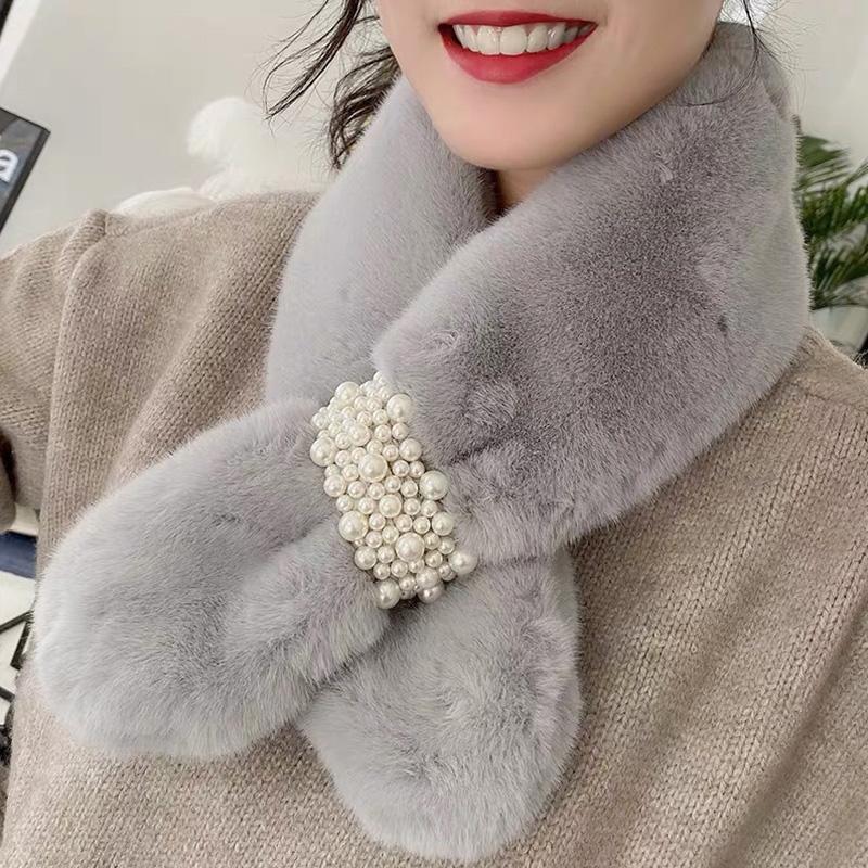 

Faux Fur Scarves Women Winter Warm Thicken Plush Cross Fur Collar Female Elegant Pearl Solid Color Shawl New Fashion Furry Scarf