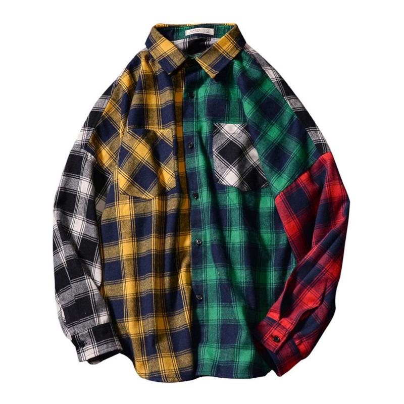 

Fashion Mens Youth Stylish Patchwork Hipster Colorful Plaid Loose Oversized Shirts Clothes For Male Daily Outerwear Streetwear, Ff429