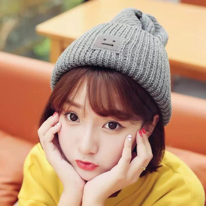 

2020 Women Girl Fashion Beanies Simple Smile Solid Hat Caps Winter Warm1, Black