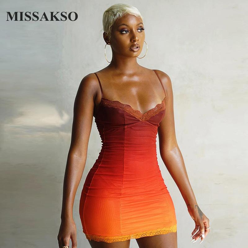 

Missakso Spaghetti Strap Dress Gradient Color Sexy Clubwear Women Club Party Bodycon Summer Lace Patchwork Mini Dress, Orange