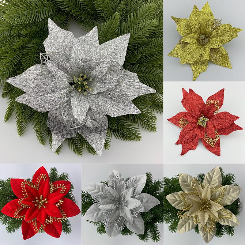 

20/22cm Big Flower Head Glitter Artificial Silk Flower Christmas Tree Ornament DIY Christmas Decoration New Year Decor